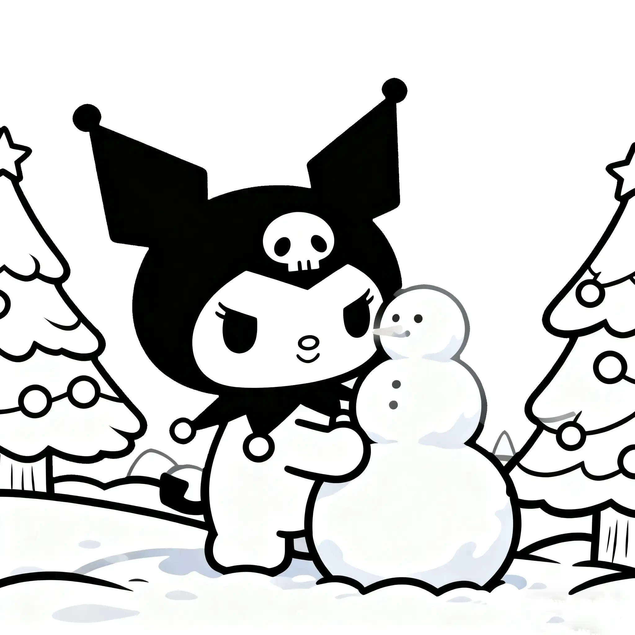 Frosty Fun Kuromi Building a Snowman Coloring Page