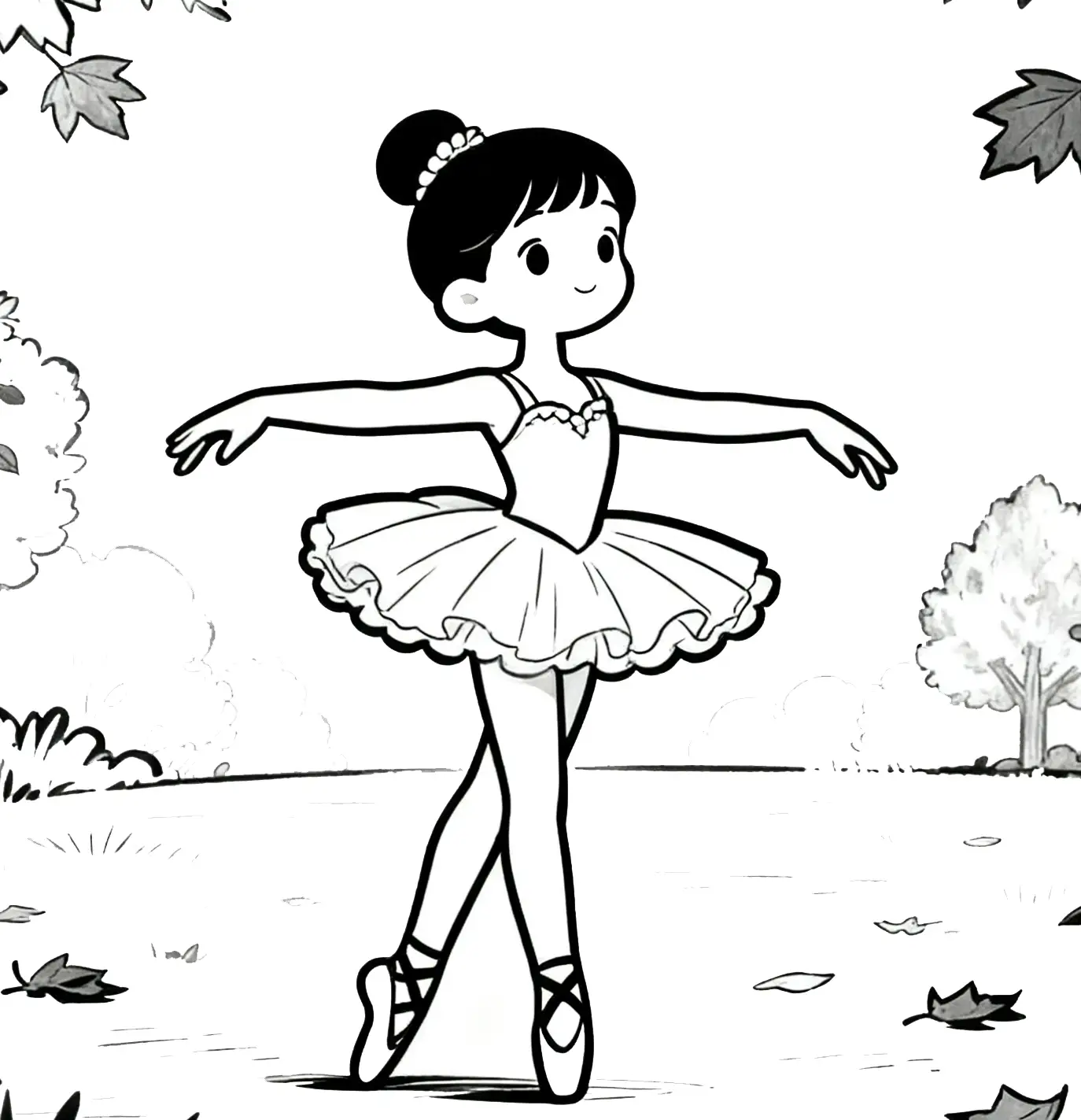 Smiling Ballerina in Nature Coloring Page