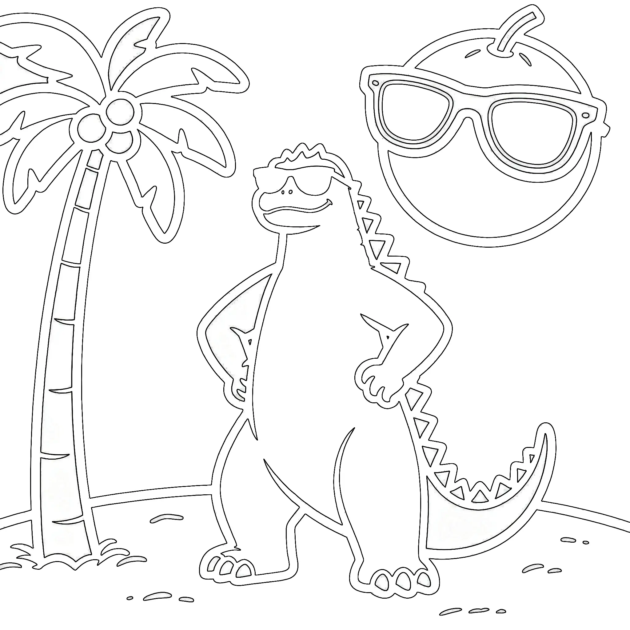 Cool Godzilla with Sunglasses on the Beach Coloring Page