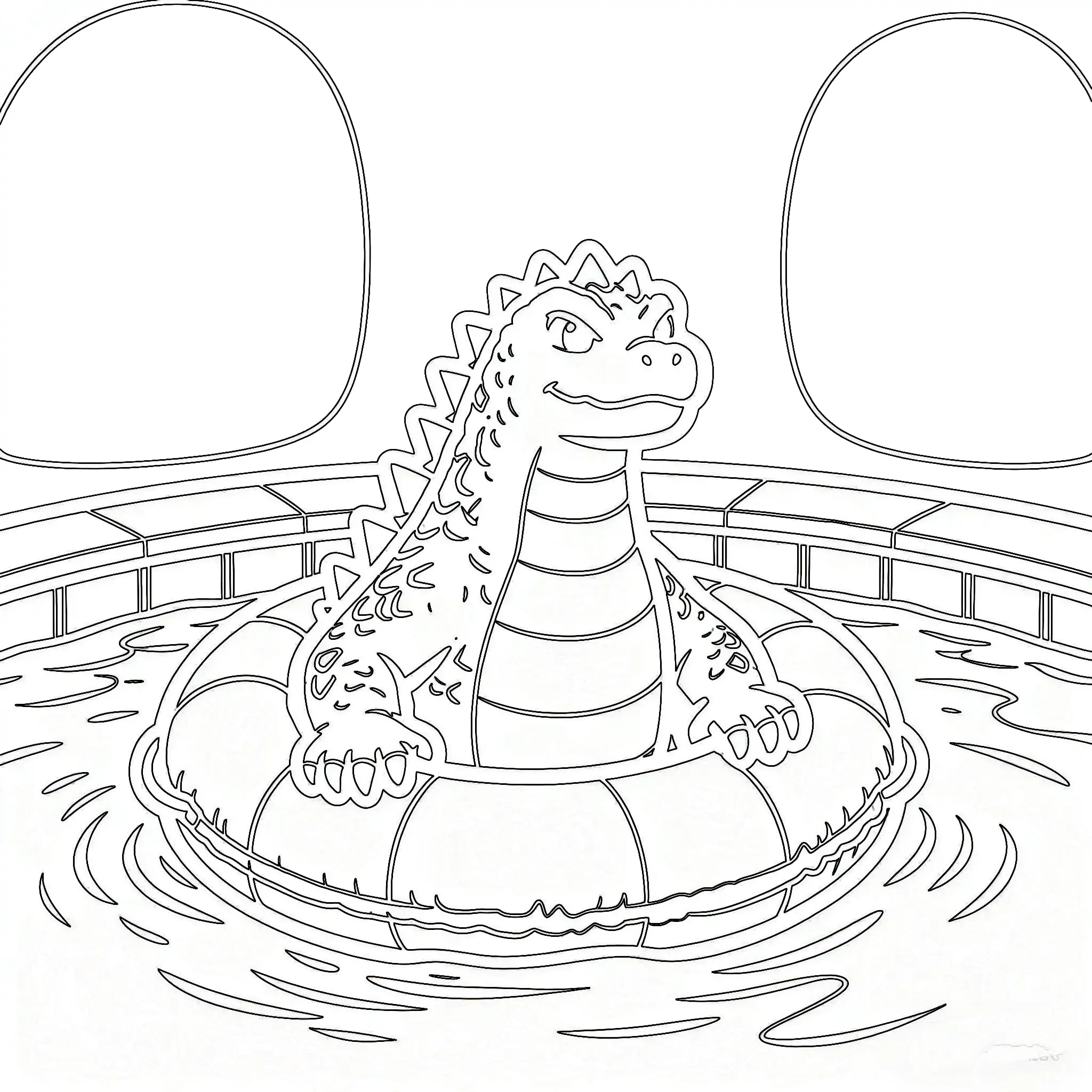 Godzilla Relaxing in a Pool Float Coloring Page