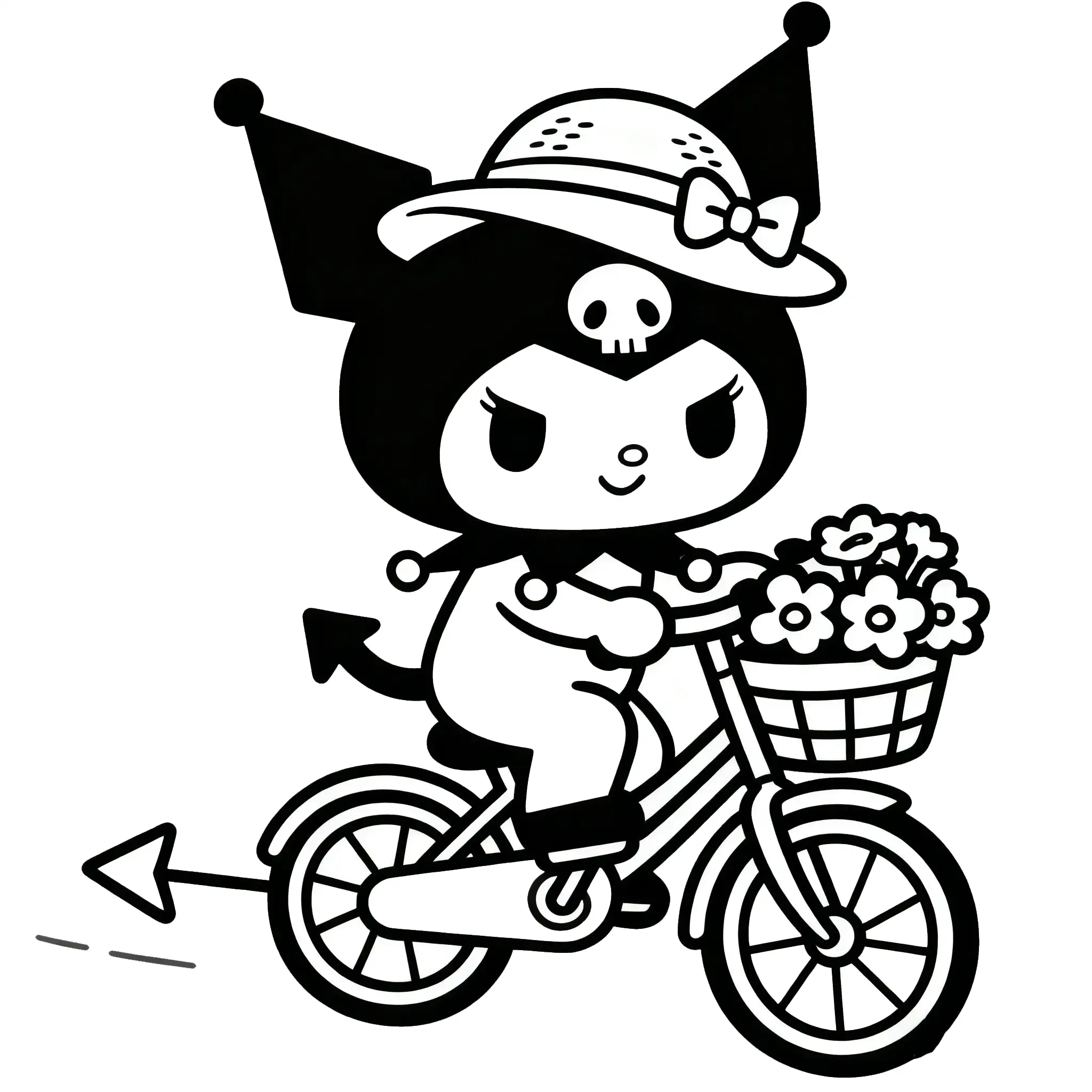 Cheerful Kuromi on a Bicycle Coloring Page