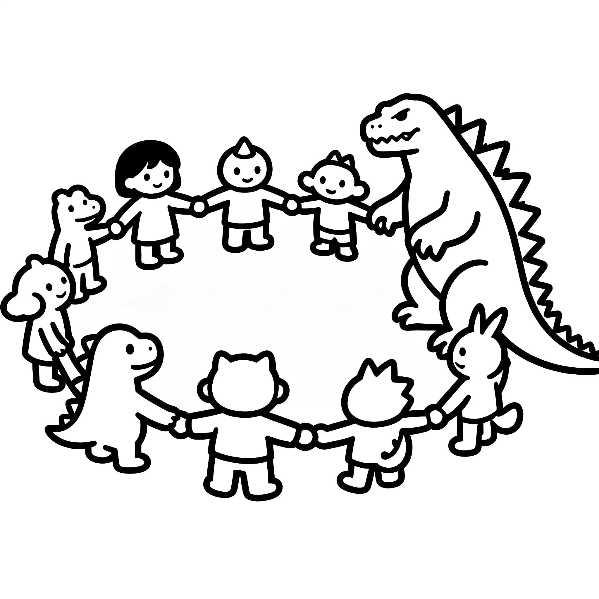 Godzilla and Friends in a Circle Coloring Page