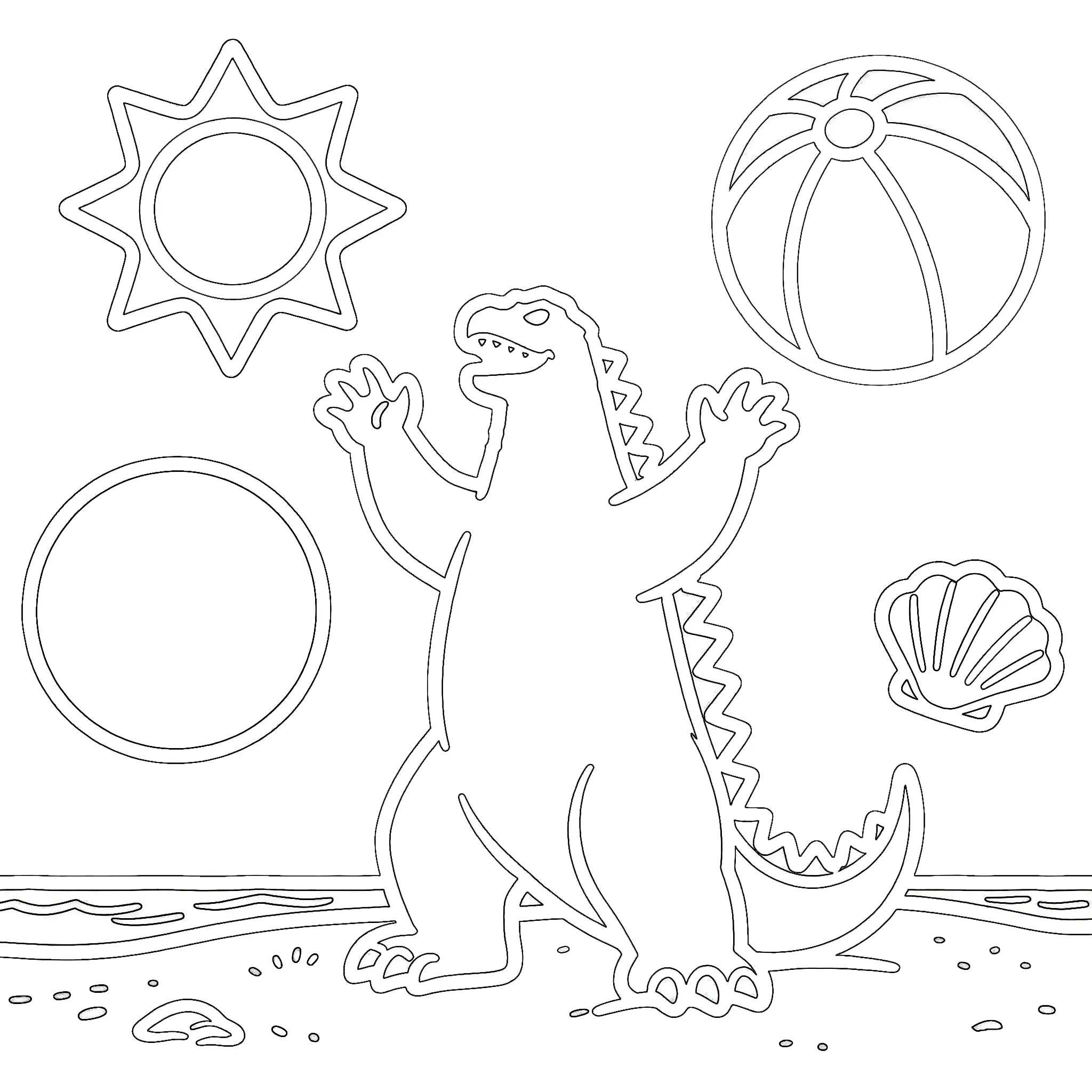 Godzilla on the Beach with Ball and Sun Coloring Page