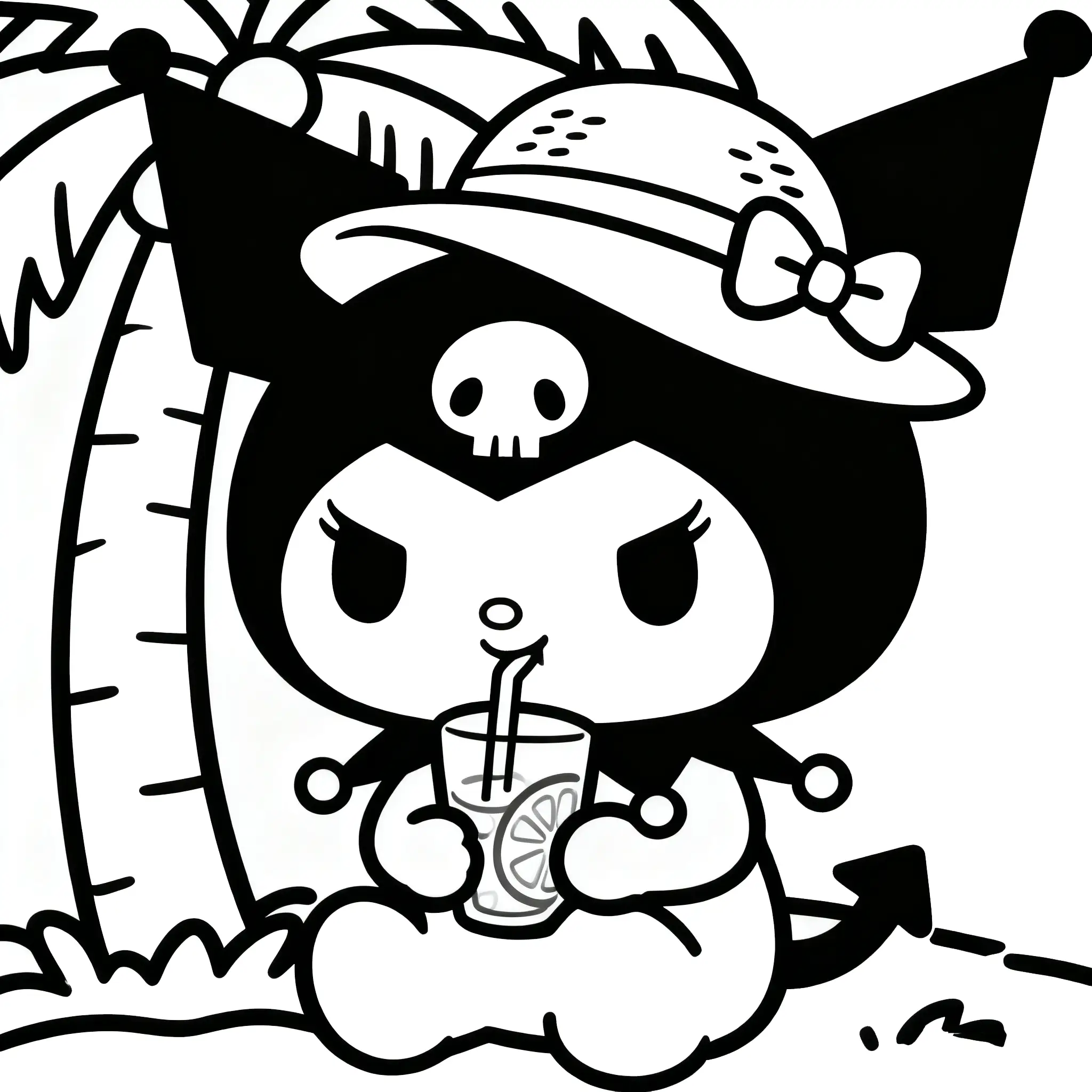 Tropical Kuromi with a Refreshing Drink Coloring Page