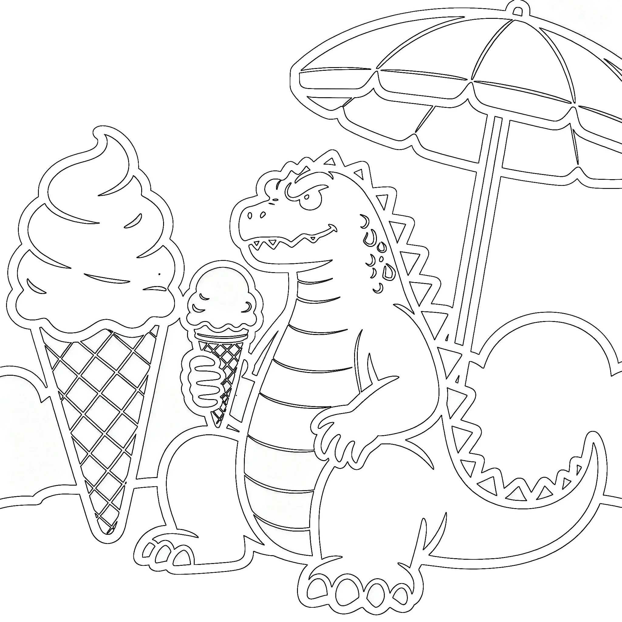 Godzilla Enjoying Ice Cream on the Beach Coloring Page