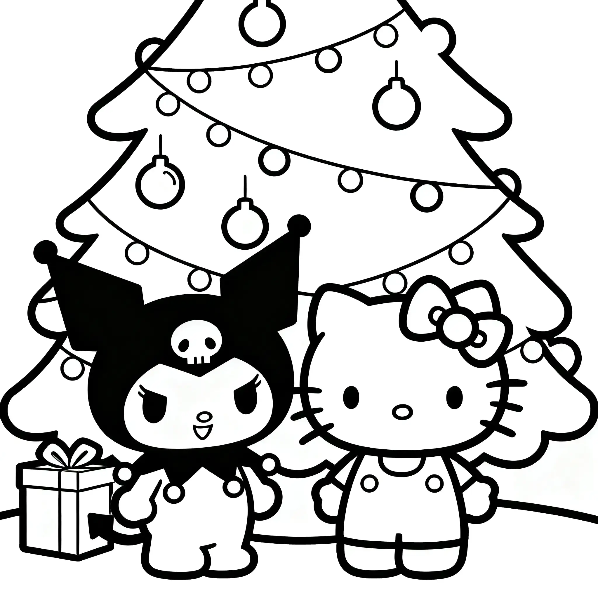 Kuromi and Hello Kitty Christmas Celebration Coloring Page