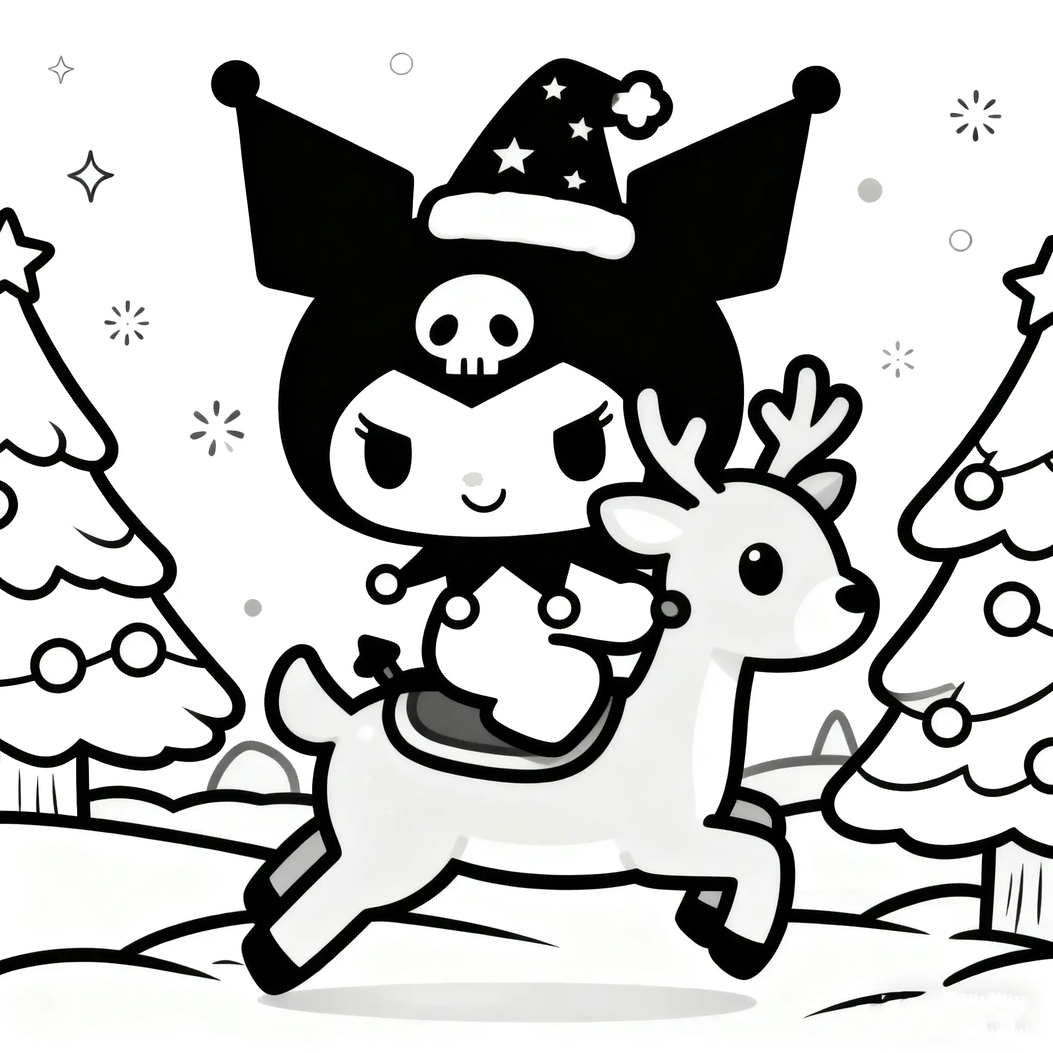 Magical Christmas Kuromi Riding Reindeer Coloring Page