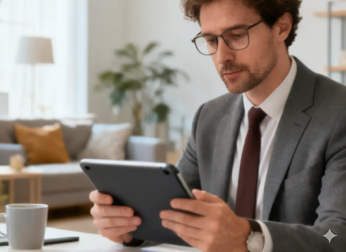 A man reading report on his ipad