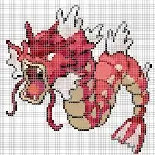A vibrant red pixel art Gyarados, a powerful dragon-like Pokémon, with its mouth open.