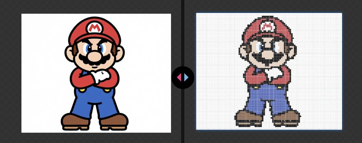 Side-by-side comparison showing Super Mario Bros character: original crisp image versus pixelated version.